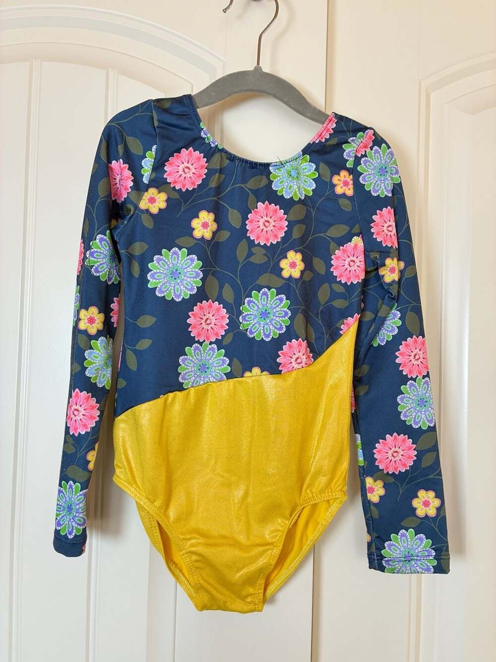 Long Sleeve Gymnastics Leotard Floral Navy Blue with Gold Sparkle